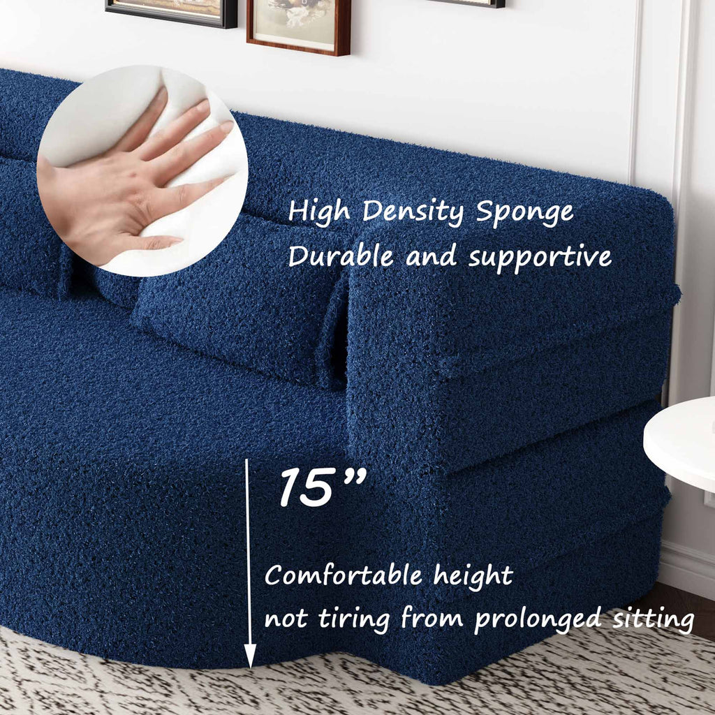 Full Size Boneless Couch Bed, 15" Convertible Folding Futon Sofa Bed with 2 Pillows, Teddy Fabric Foam Sleeper Couch, No Assembly, Blue