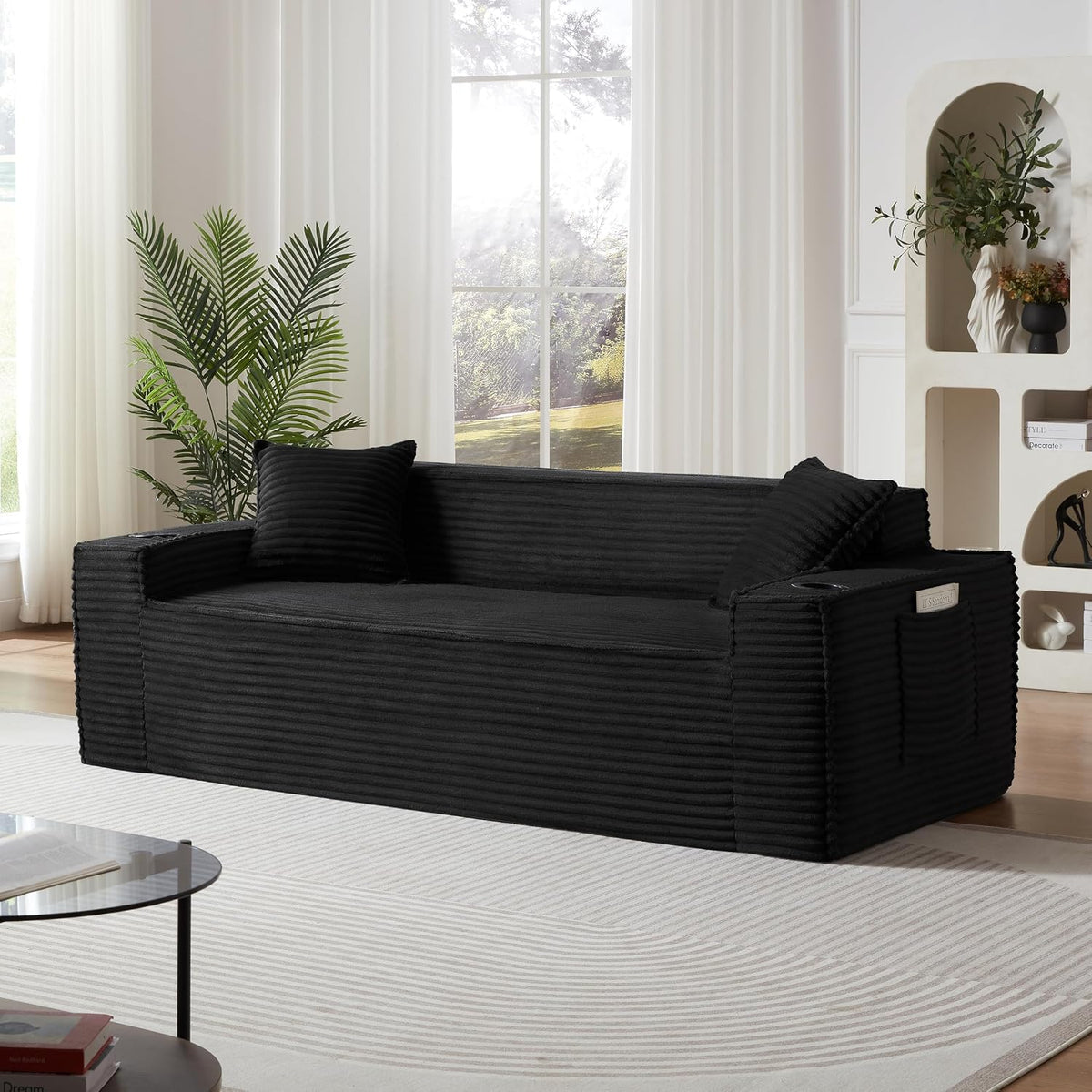 Cloud Loveseat Boneless Sofa Couch in a Box with Cupholders, Modern Corduroy Compressed Sofa for Living Room, 3 Seater High-Density Foam Couch with Pillows, No Assembly Required