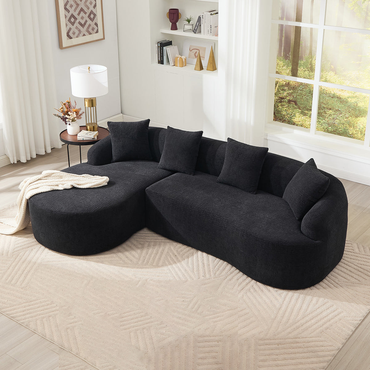 Curved Chaise Sectional, 4-Seat, Black