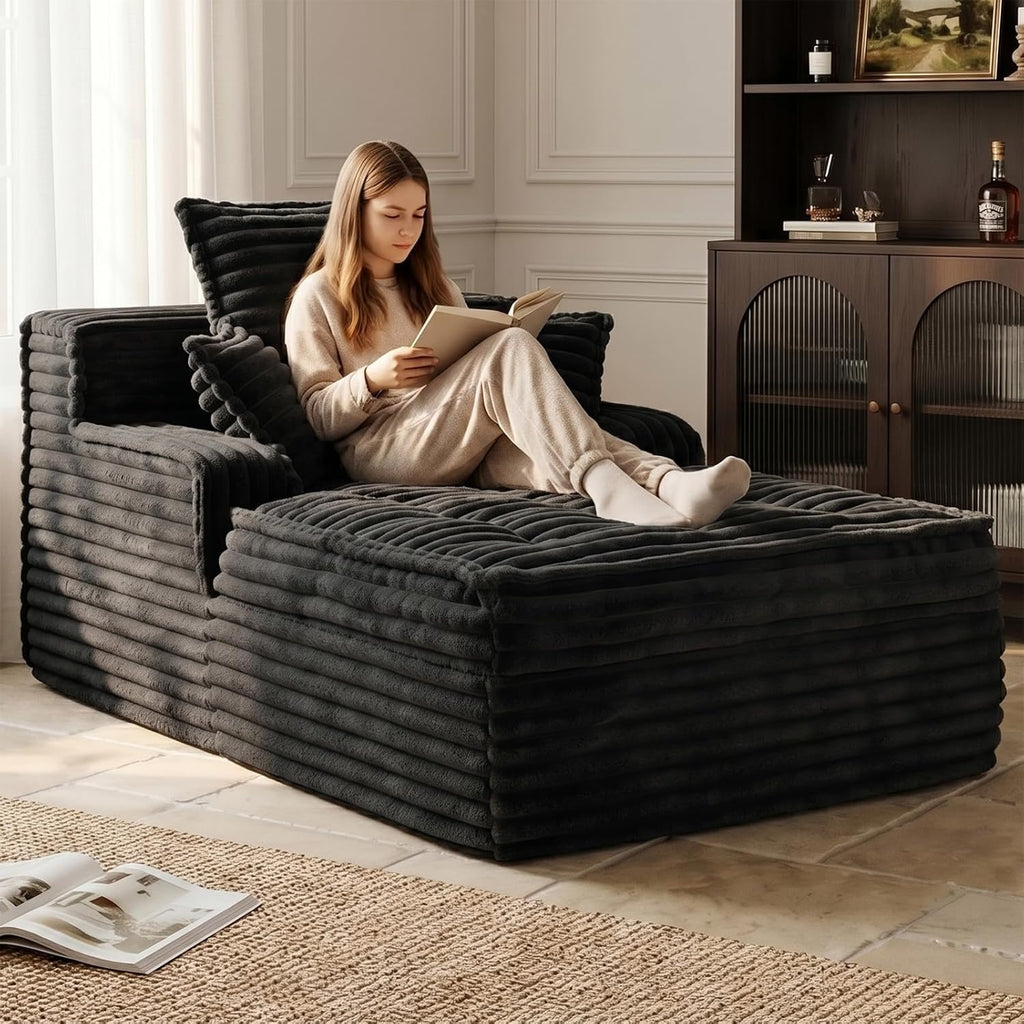 Boneless Chaise Lounge Couch Indoor, Small Corduroy Upholstered Sleeper Sofa Bed Reading Chairs with 3 Pillows, Fluffy Comfy Cloud Sofas Couches, Compression Boneless Sofa for Small Corner