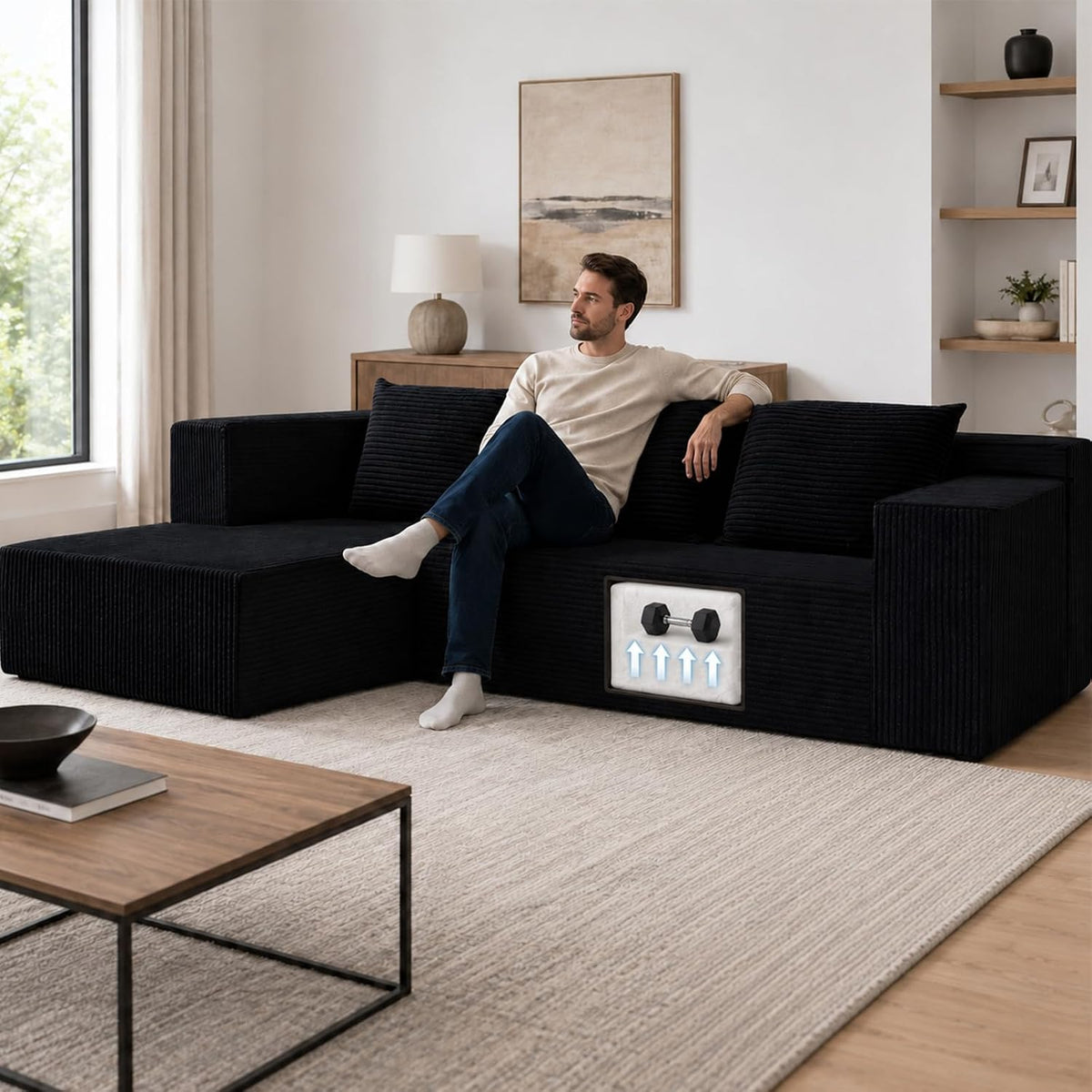 103" Sectional Couch for Living Room, Modular L Shaped Black Couches with Chaise, Large Minimalist Modern Deep Seats Boneless Sofa, Corduroy, No Assembly