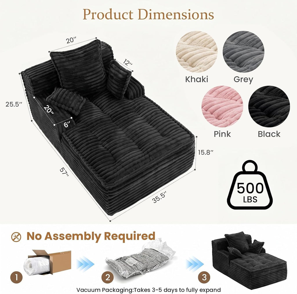 Boneless Chaise Lounge Couch Indoor, Small Corduroy Upholstered Sleeper Sofa Bed Reading Chairs with 3 Pillows, Fluffy Comfy Cloud Sofas Couches, Compression Boneless Sofa for Small Corner