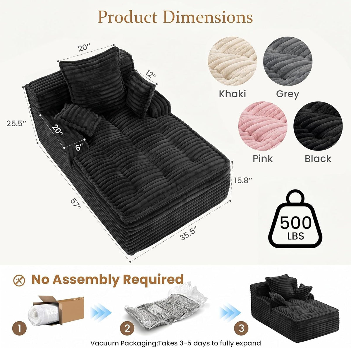 Boneless Chaise Lounge Couch Indoor, Small Corduroy Upholstered Sleeper Sofa Bed Reading Chairs with 3 Pillows, Fluffy Comfy Cloud Sofas Couches, Compression Boneless Sofa for Small Corner