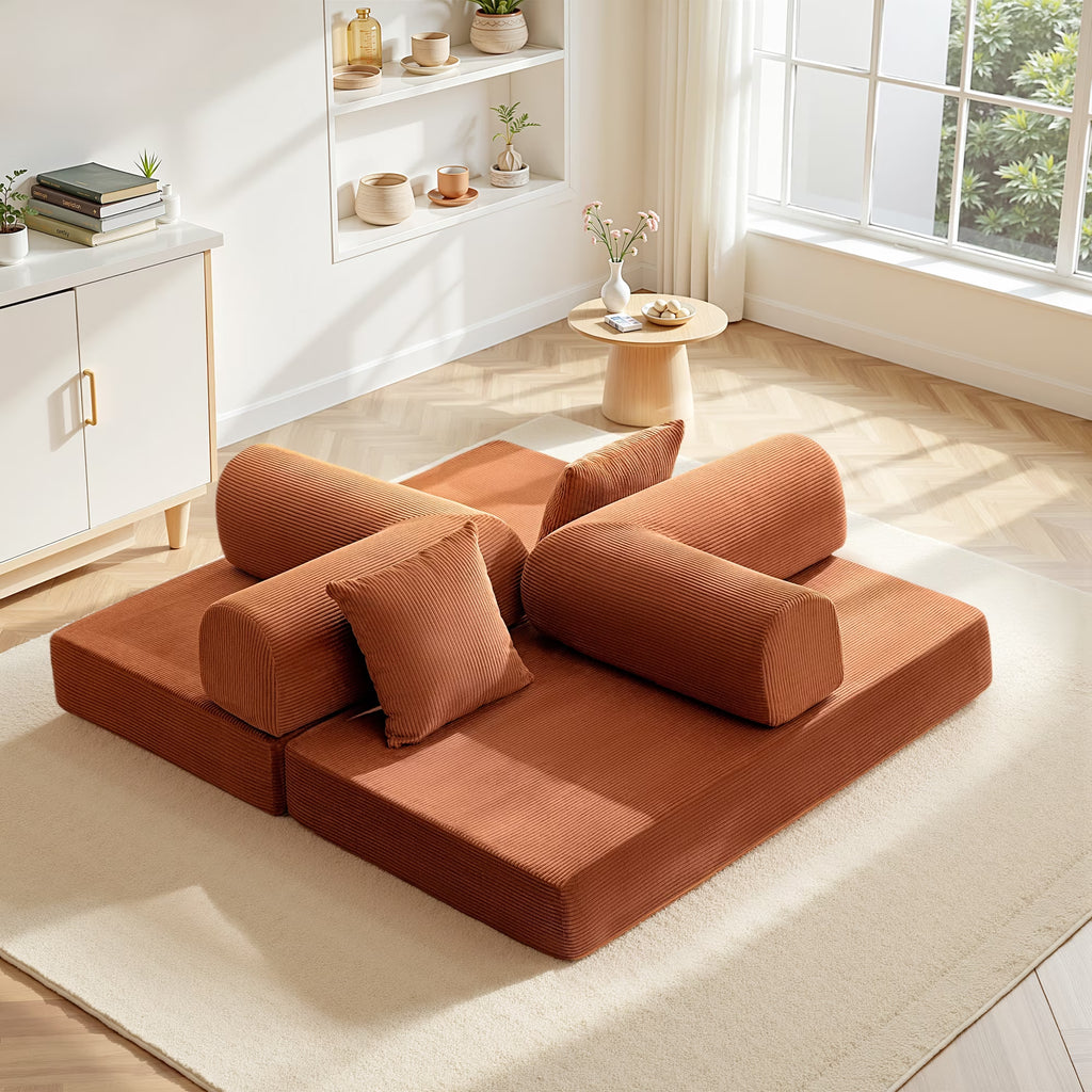 63" W Convertible Boneless Sofa Bed, Folding Corduroy Sofa Couch, No Assembly Floor Sleeper Sofa Couch for Living Room, Bedroom, Pumpkin Brown