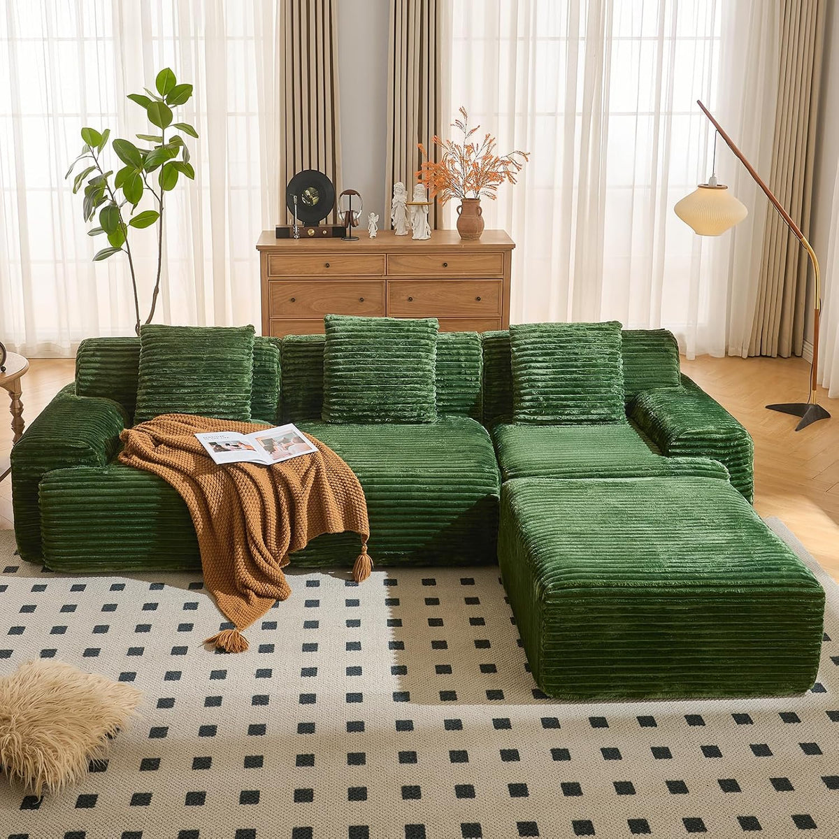 113" Cloud Sectional Couch, Deep Seat Modular Boneless Sofa with Wide Armrests, Premium Extra-Support High-Density Foam, Supportive Plush Corduroy Couch, No Assembly Needed, Green