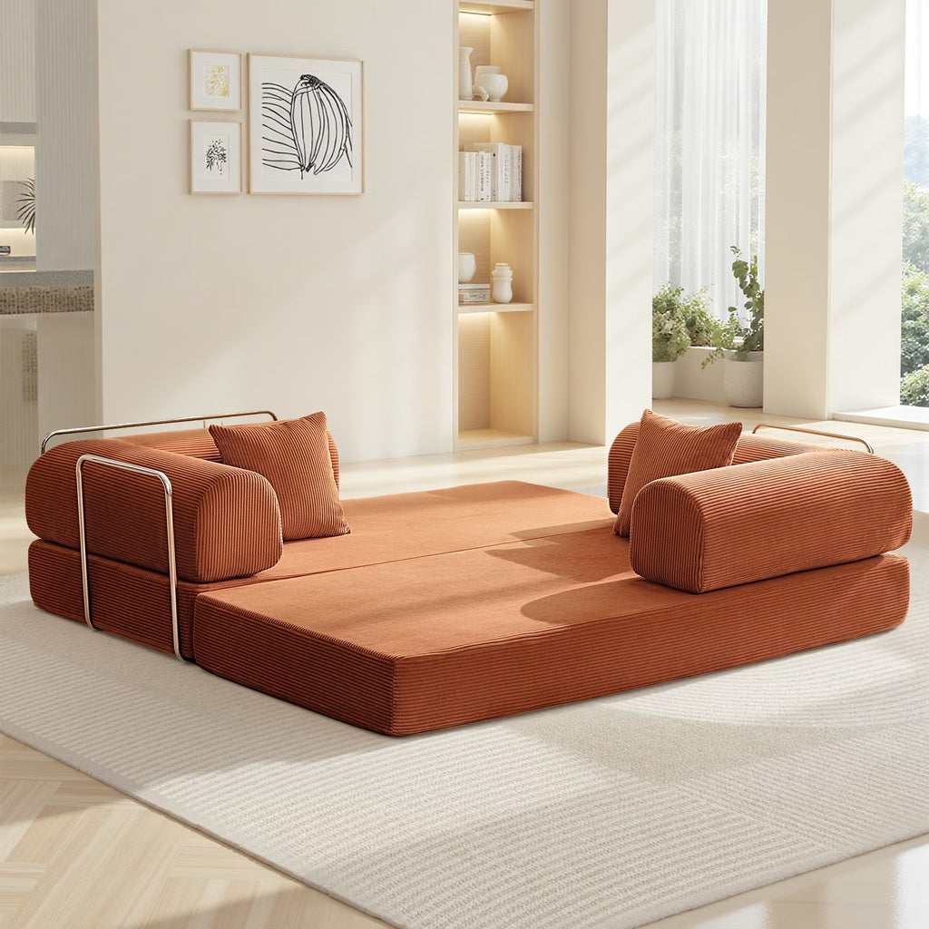 78.7" Convertible Boneless Sofa Bed, Folding Corduroy Sofa Couch, No Assembly Floor Sleeper Sofa Couch for Living Room, Pumpkin Brown