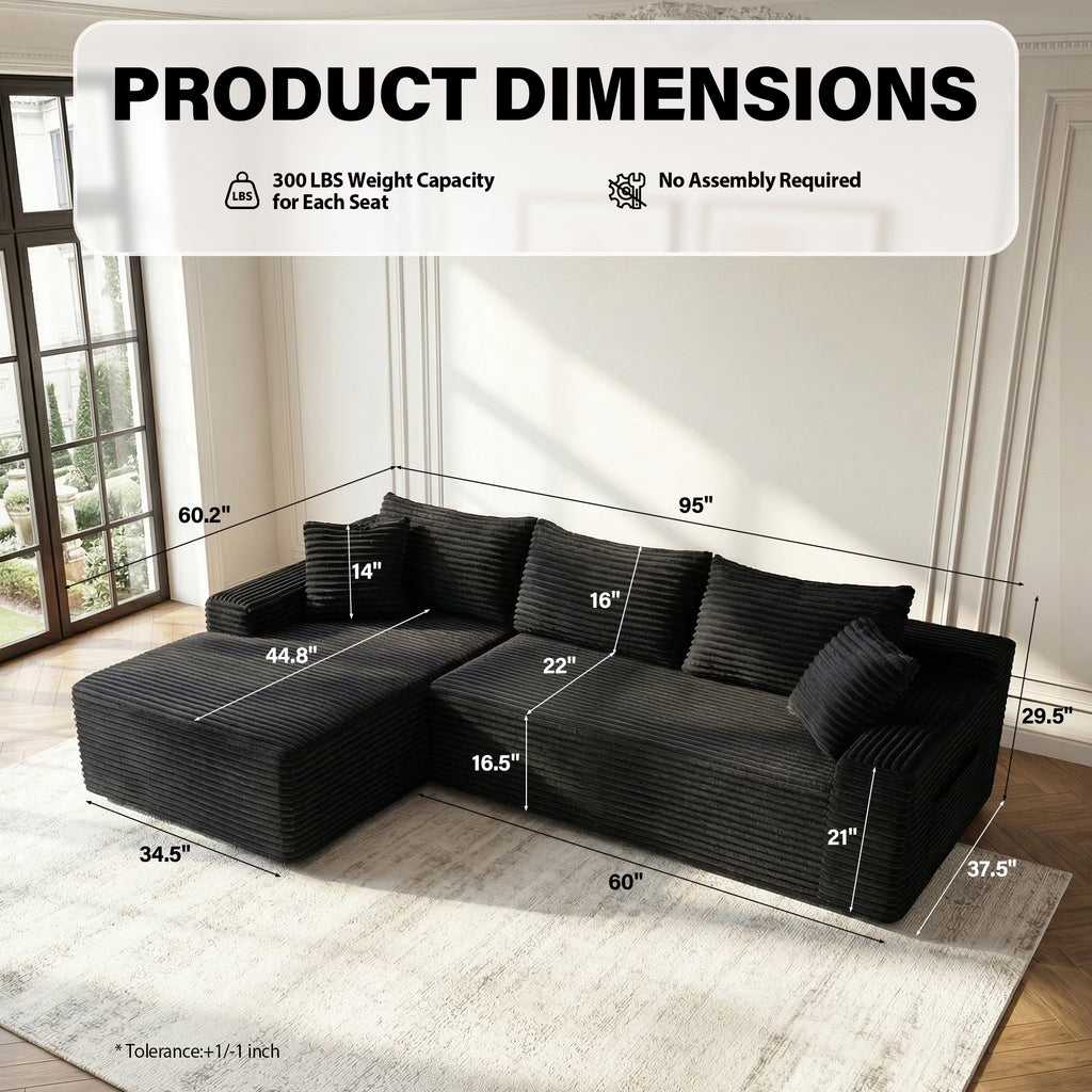 Aukfa 96" Boneless L-Shaped Sectional Sofa — Left-Facing Chaise