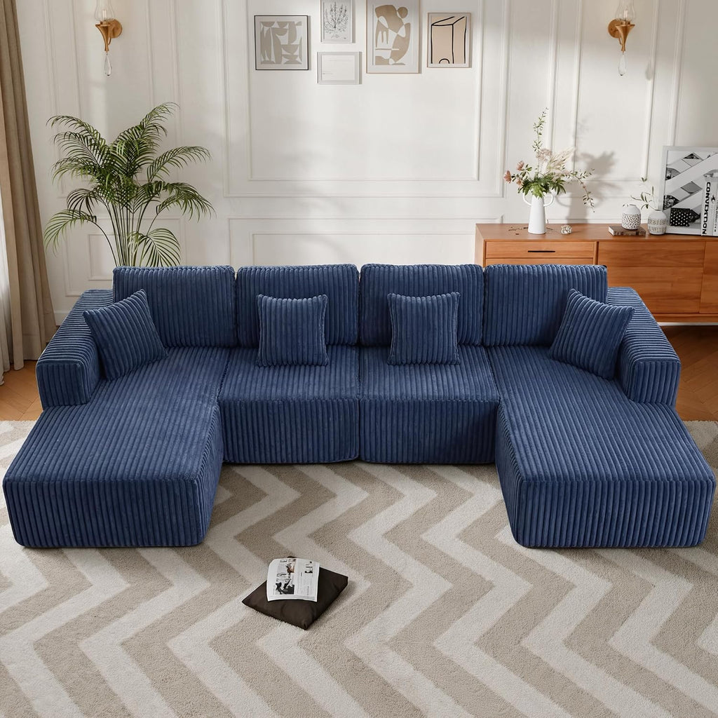 132" U Shaped Boneless Sectional Sofa with Double Chaise, Blue