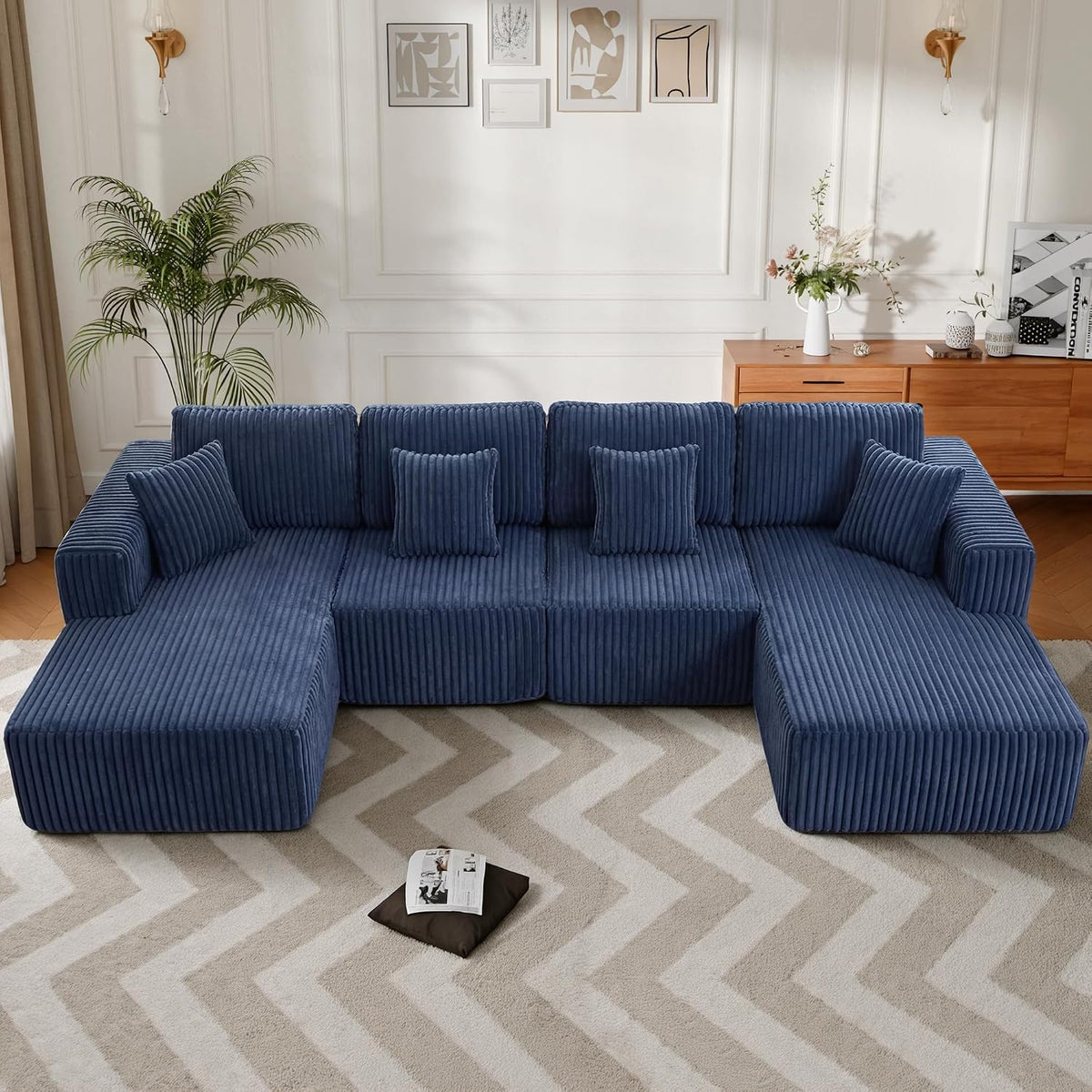 132" U Shaped Boneless Sectional Sofa with Double Chaise, Blue