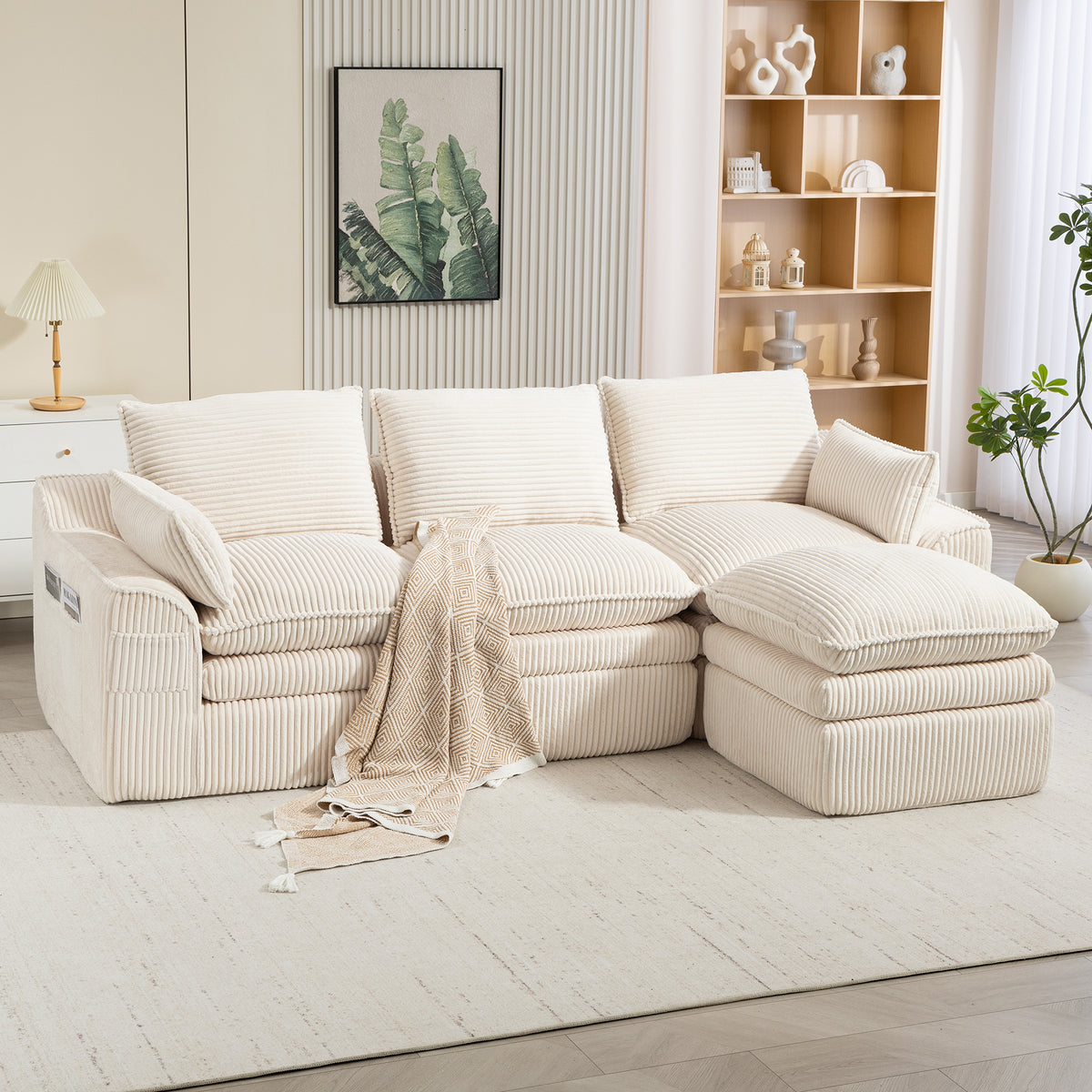 L-Shaped Sectional Sofa, 3-Seat, Ottoman, Beige