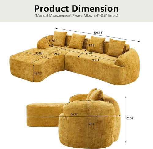 101.18" Cloud Sofa, Chenille L-Shape Sectional Sofa with Chaise, Four Pillows, Compressed Sofa Couch for Living Room, Guest, Bedroom, No Assembly Required, Yellow