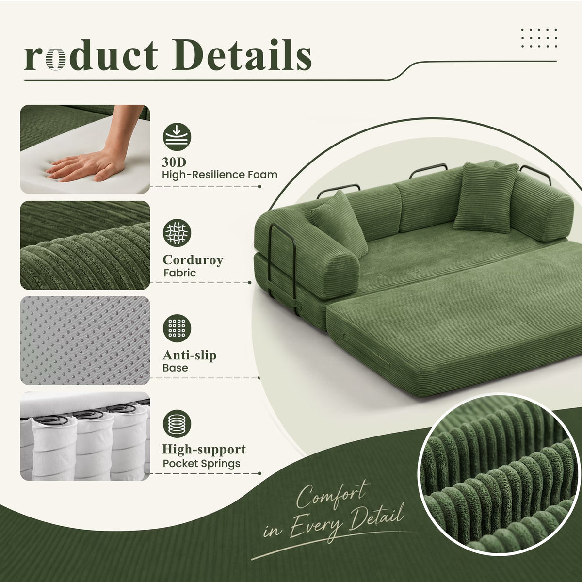 Holaki Convertible Boneless Sofa Bed — 63" / 78"