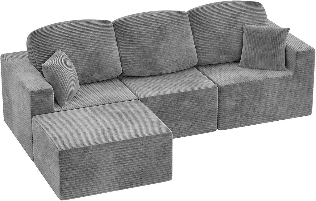 98.4" Boneless Couches for Living Room, Comfy Modular Sectional Couch, Cloud Couch with Deep Seat, L-Shaped Sofa with Ottoman, Grey