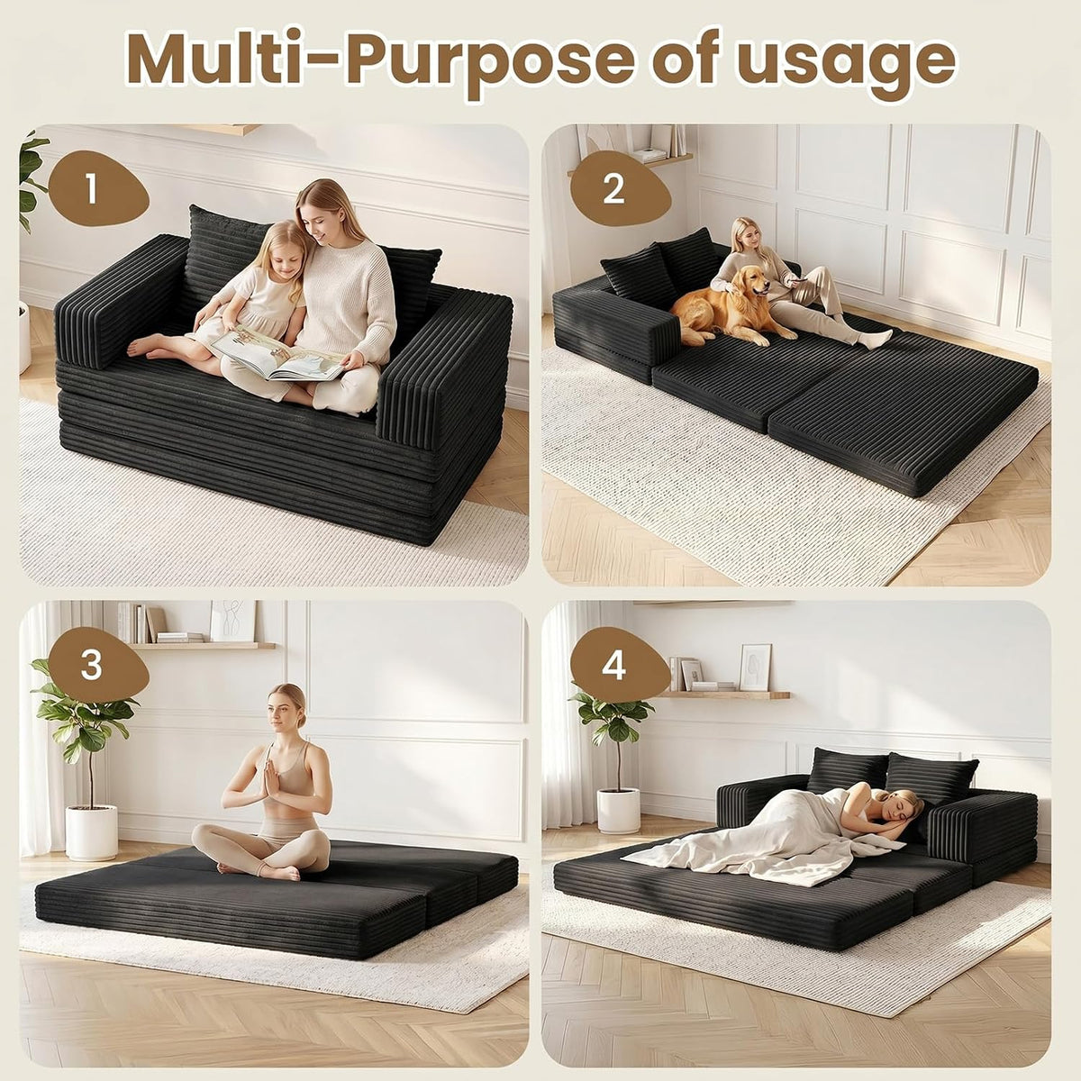 Boneless Loveseat Sofa Bed,Small Couch Bed Futon Sleeper Sofa,Convertible Pull Out Couch with Removable Armrests Backrest,Corduroy Folding Floor Boneless Couch for Living Room,Small Space,Black