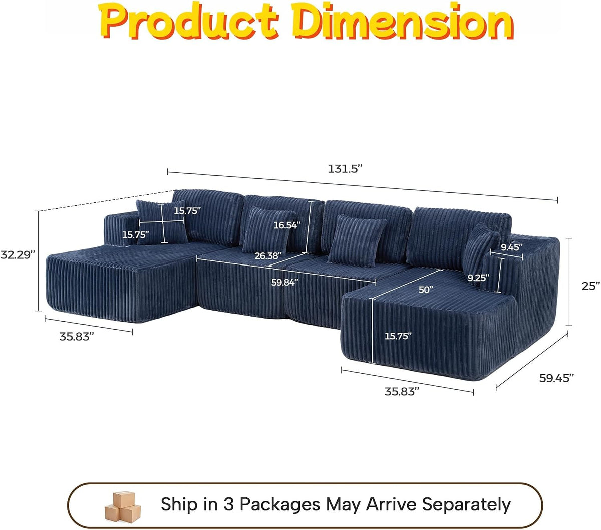 132" U Shaped Boneless Sectional Sofa with Double Chaise, Blue