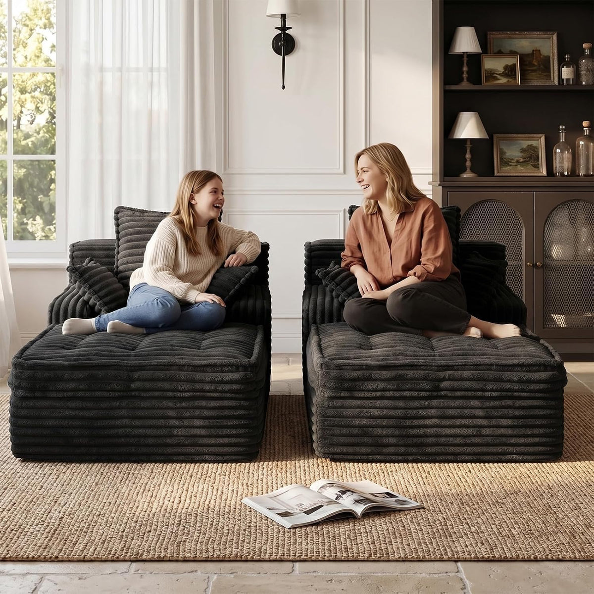 Boneless Chaise Lounge Couch Indoor, Small Corduroy Upholstered Sleeper Sofa Bed Reading Chairs with 3 Pillows, Fluffy Comfy Cloud Sofas Couches, Compression Boneless Sofa for Small Corner
