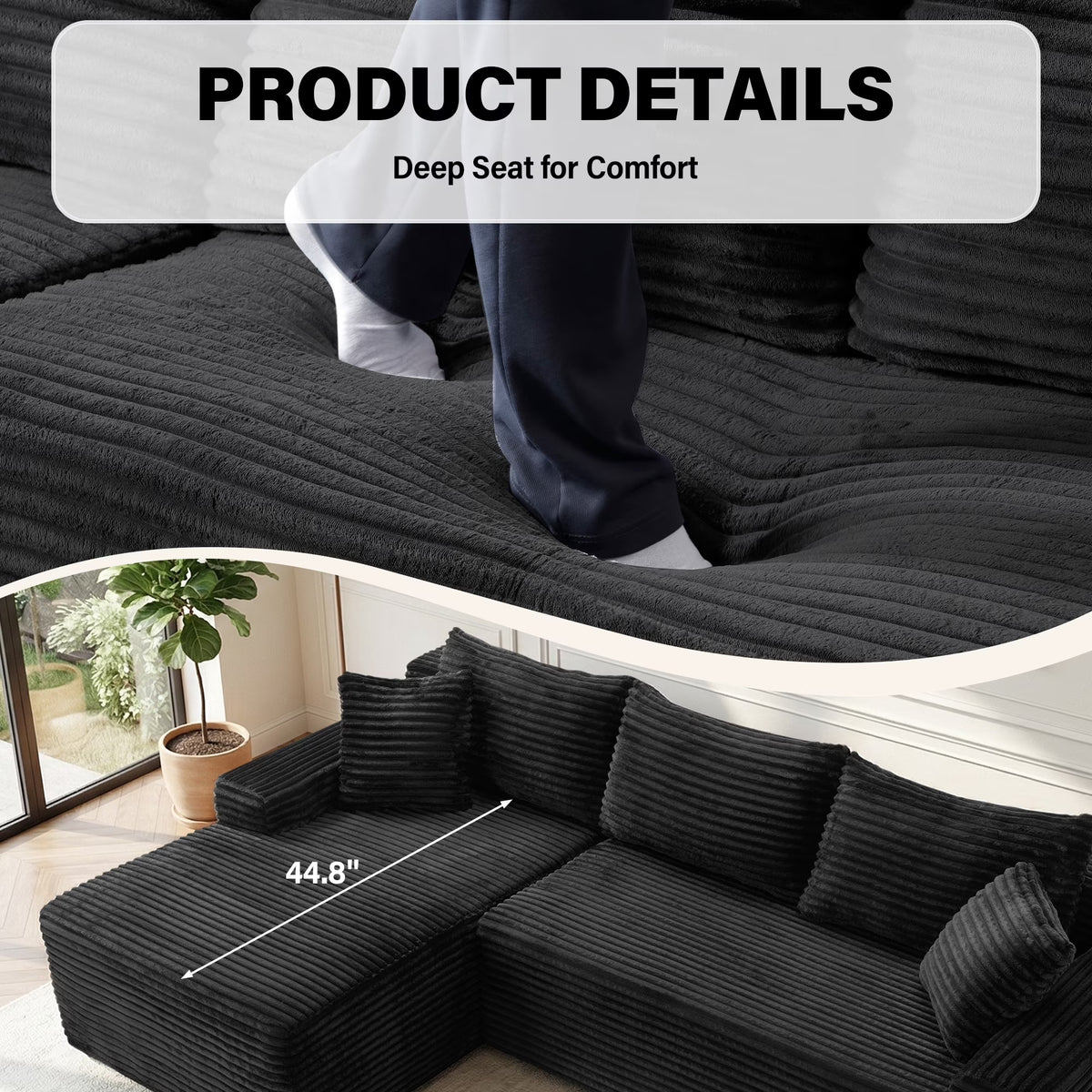 Aukfa 96" Boneless L-Shaped Sectional Sofa — Left-Facing Chaise
