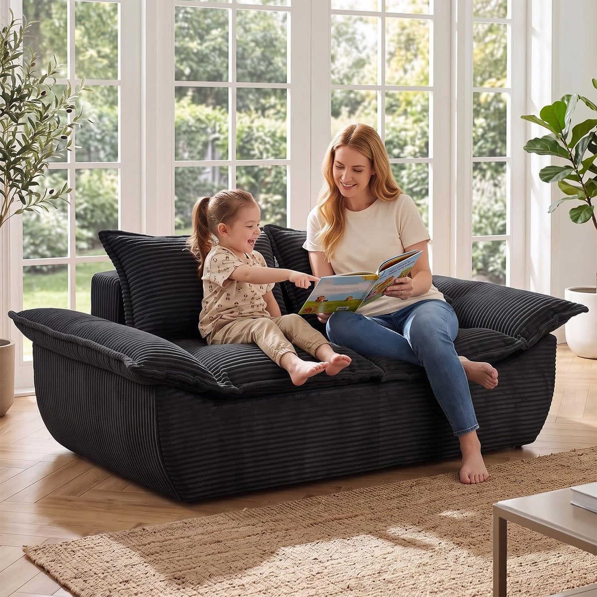 56" Boneless Loveseat, 2-Seater Black Boneless Sofa with Removable Cushions & 2 Pillows, Small Mini Couch Boneless Foam Sofa for Living Room, Apartments, & Office
