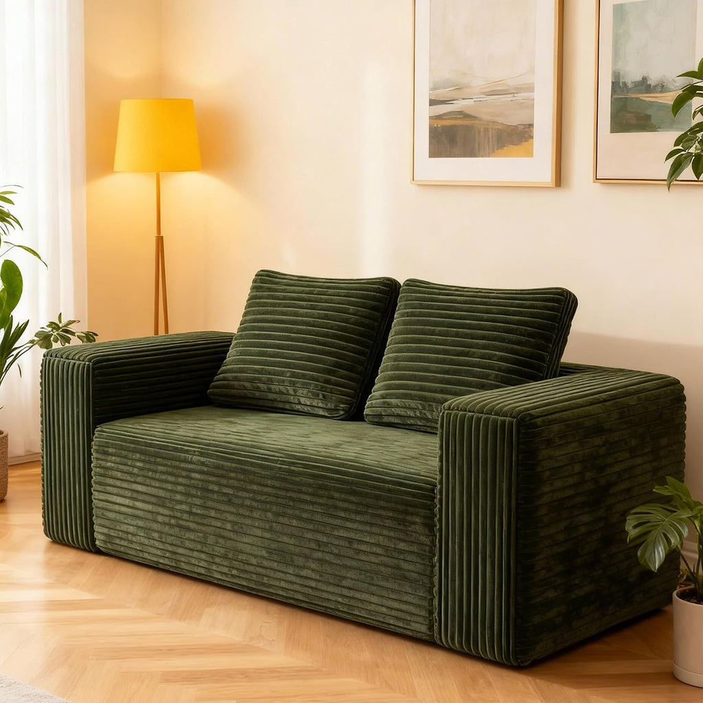 63" 2 Seater Boneless Sofa, Cloud Loveseat Sofa in a Box for Living Room, Corduroy Couch Memory Foam Couch No Assembly Needed Floor Sofa Lounge for Living Room Bedroom, Green