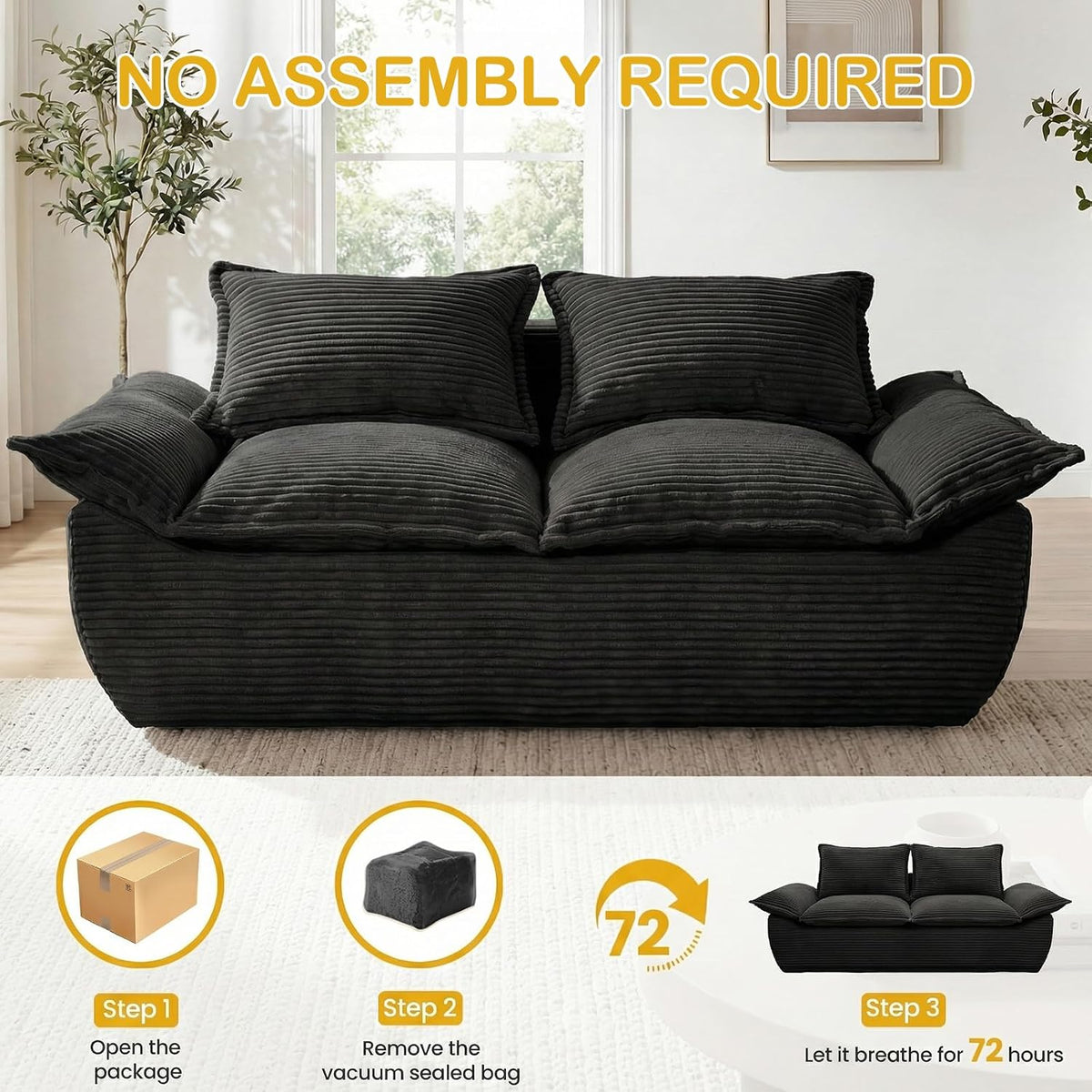 56" Boneless Loveseat, 2-Seater Black Boneless Sofa with Removable Cushions & 2 Pillows, Small Mini Couch Boneless Foam Sofa for Living Room, Apartments, & Office
