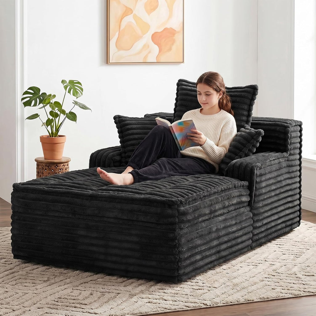 Boneless Chaise Lounge Couch Indoor, Small Corduroy Upholstered Sleeper Sofa Bed Reading Chairs with 3 Pillows, Fluffy Comfy Cloud Sofas Couches, Compression Boneless Sofa for Small Corner