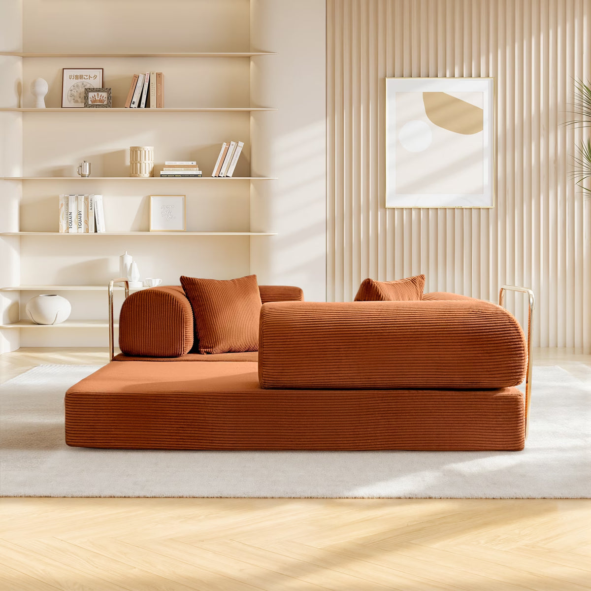 63" W Convertible Boneless Sofa Bed, Folding Corduroy Sofa Couch, No Assembly Floor Sleeper Sofa Couch for Living Room, Bedroom, Pumpkin Brown