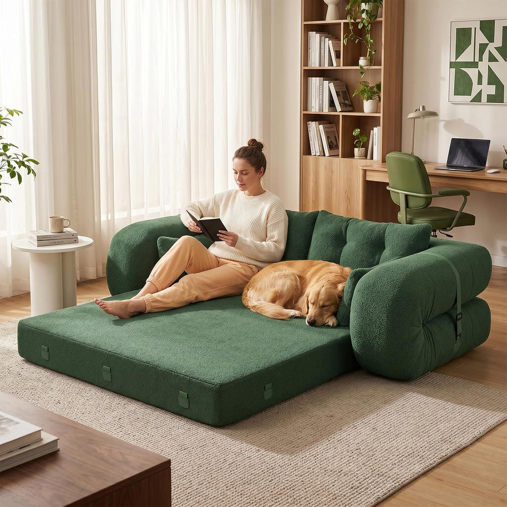 78.7 "Convertible Folding Sofa Bed, Human Dog Bed with 4 Pillows, Folding Floor Couch, Boneless Sofa in a Box for Living Room, Apartment, Guest Roomg (Green)