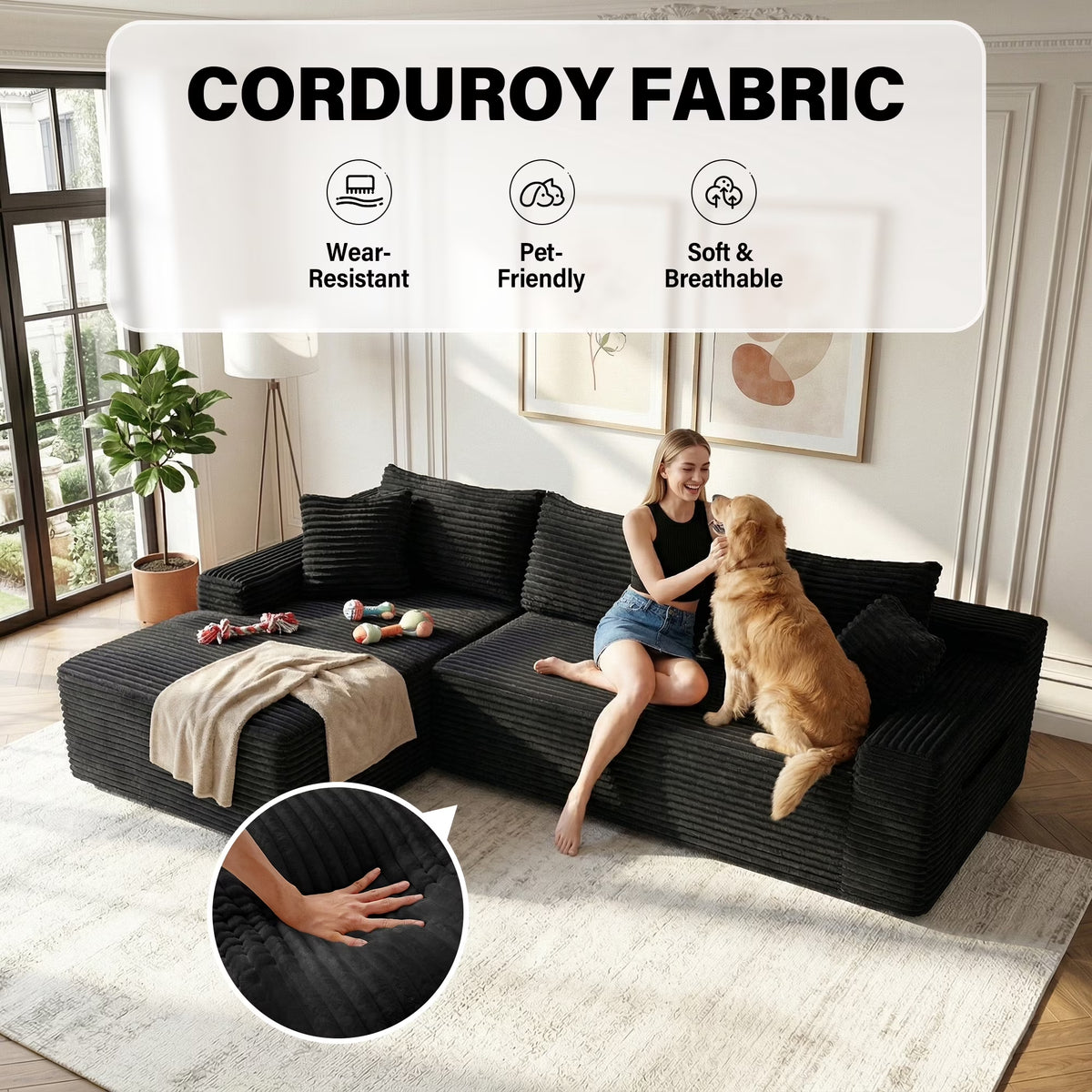 Aukfa 96" Boneless L-Shaped Sectional Sofa — Left-Facing Chaise