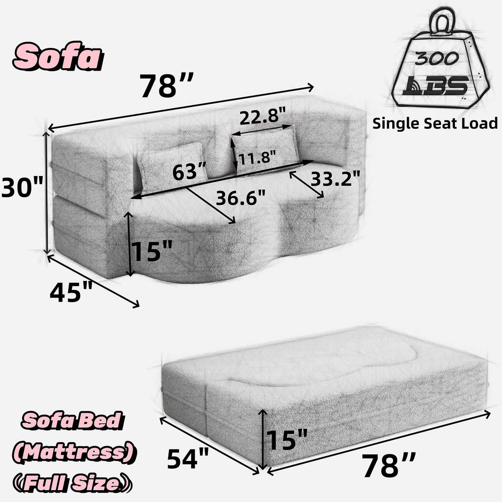 Full Size Boneless Couch Bed, 15" Convertible Folding Futon Sofa Bed with 2 Pillows, Teddy Fabric Foam Sleeper Couch, No Assembly, Blue