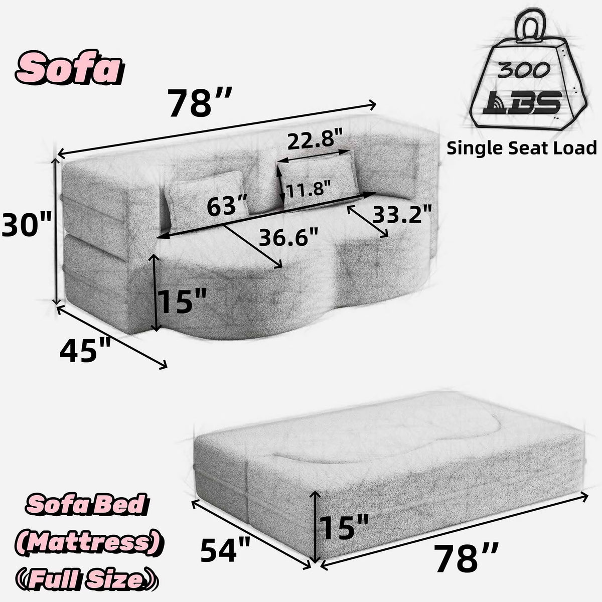 Full Size Boneless Couch Bed, 15" Convertible Folding Futon Sofa Bed with 2 Pillows, Teddy Fabric Foam Sleeper Couch, No Assembly, Blue