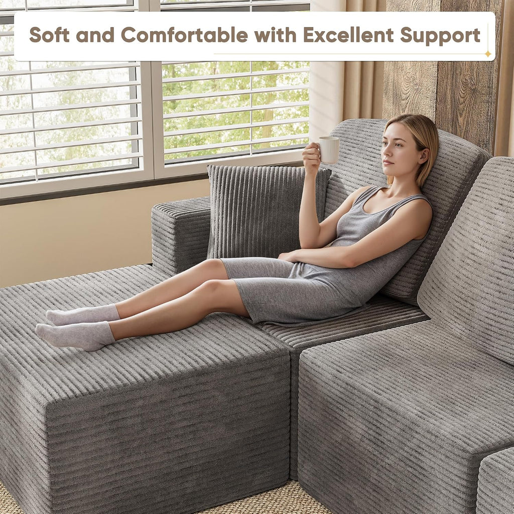 98.4" Boneless Couches for Living Room, Comfy Modular Sectional Couch, Cloud Couch with Deep Seat, L-Shaped Sofa with Ottoman, Grey