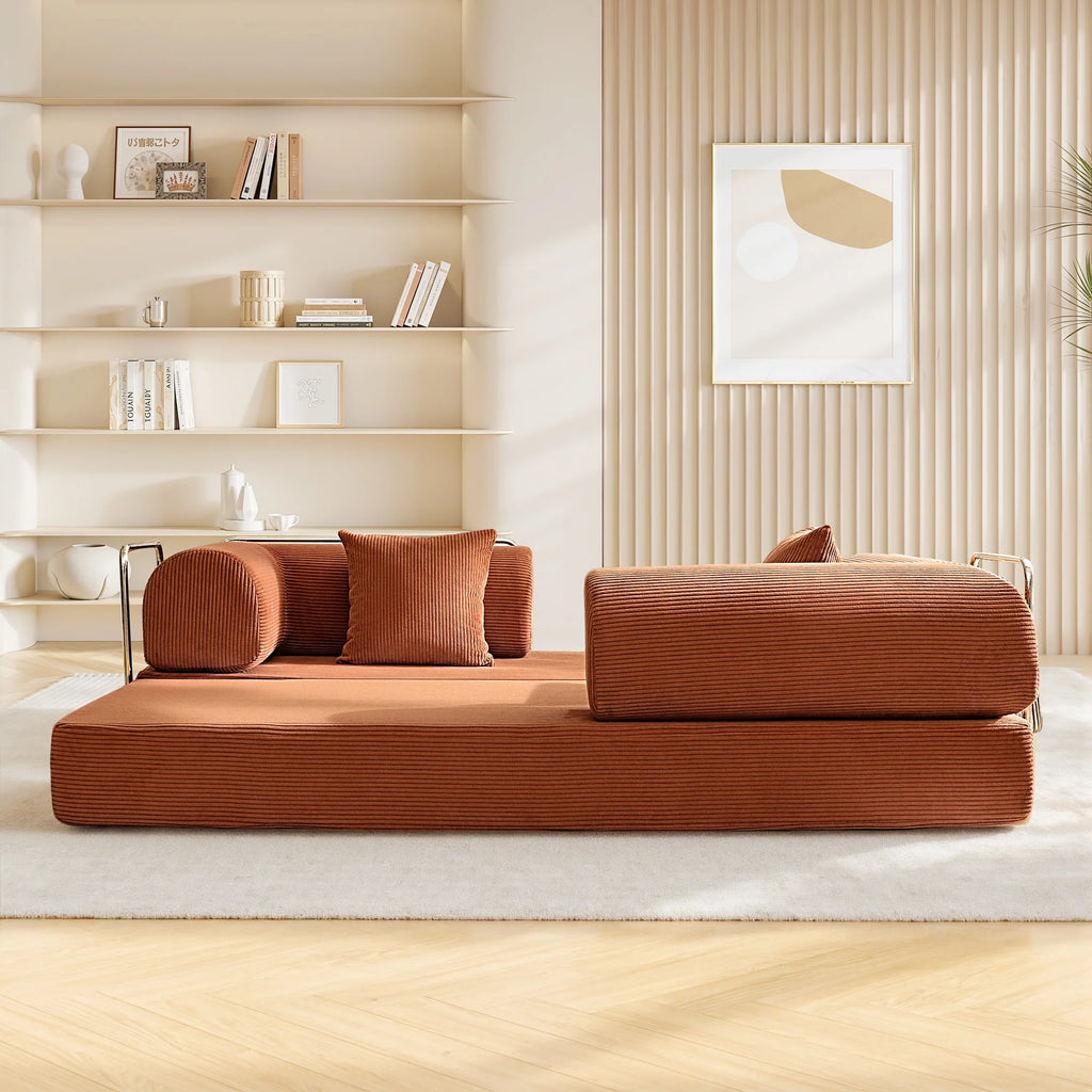 78.7" Convertible Boneless Sofa Bed, Folding Corduroy Sofa Couch, No Assembly Floor Sleeper Sofa Couch for Living Room, Pumpkin Brown