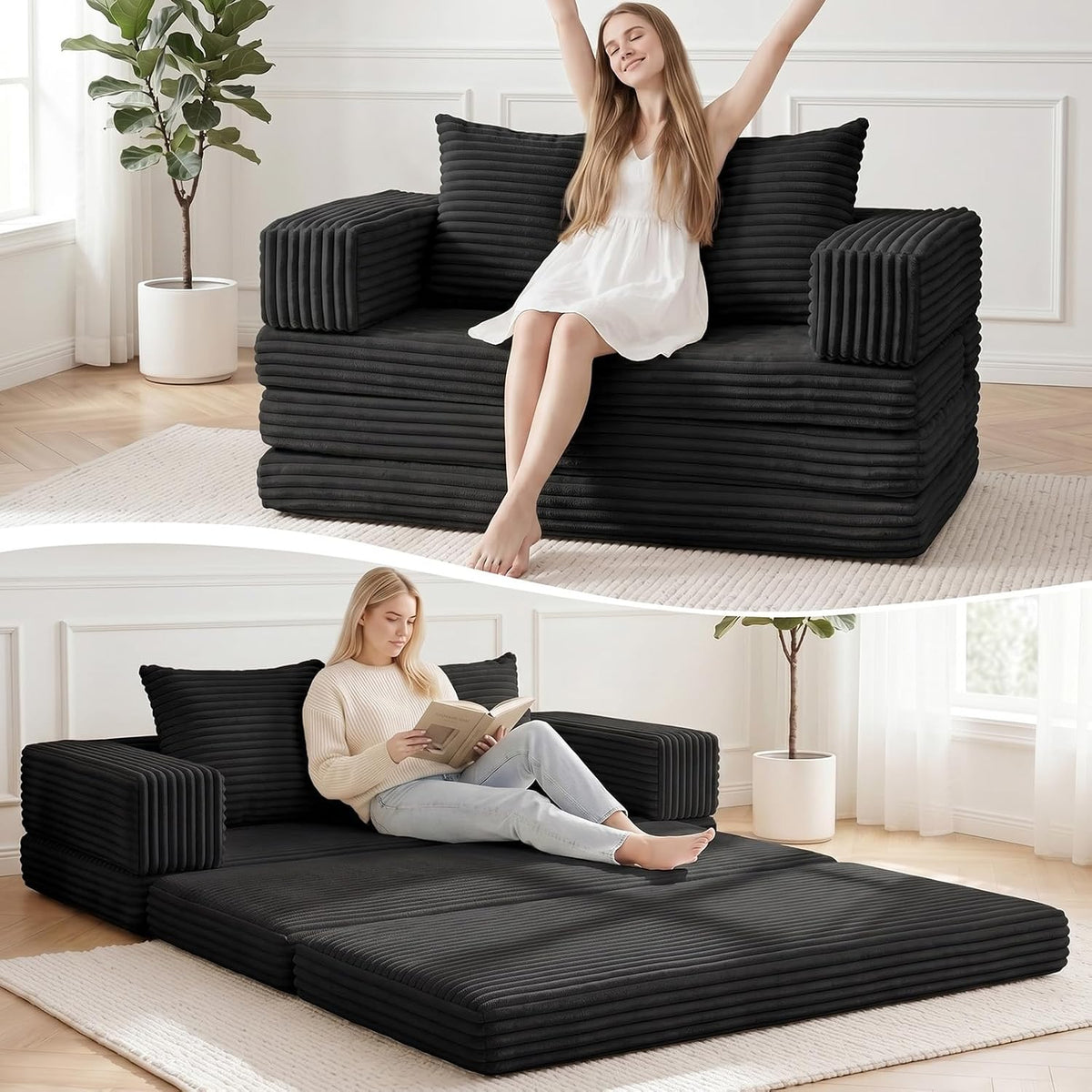 Boneless Loveseat Sofa Bed,Small Couch Bed Futon Sleeper Sofa,Convertible Pull Out Couch with Removable Armrests Backrest,Corduroy Folding Floor Boneless Couch for Living Room,Small Space,Black