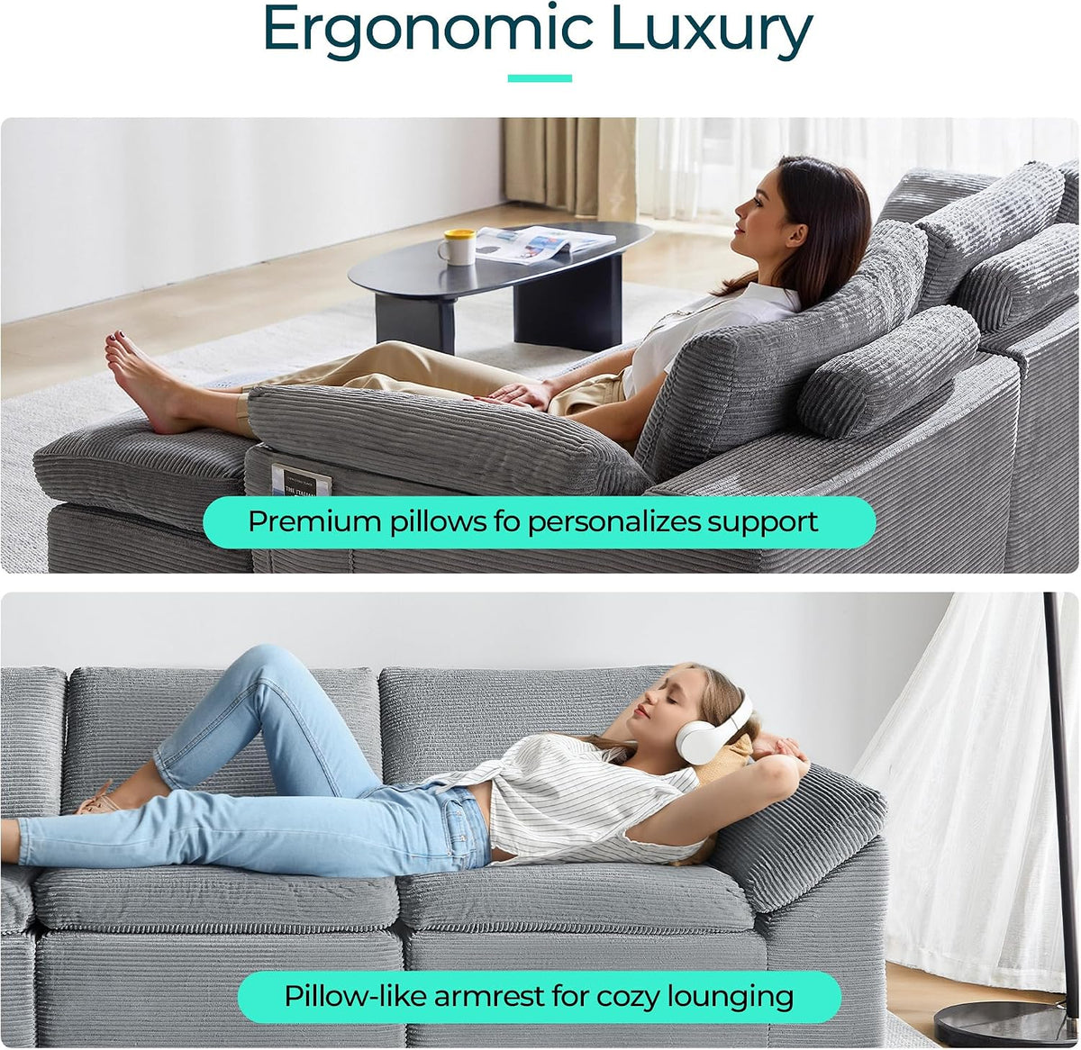 Modern Boneless Cloud Couch Set, Deep Seat Corduroy Secional Loveset Sofa Sets for Living Room, Apartment, Office, No Assembly Required, Grey