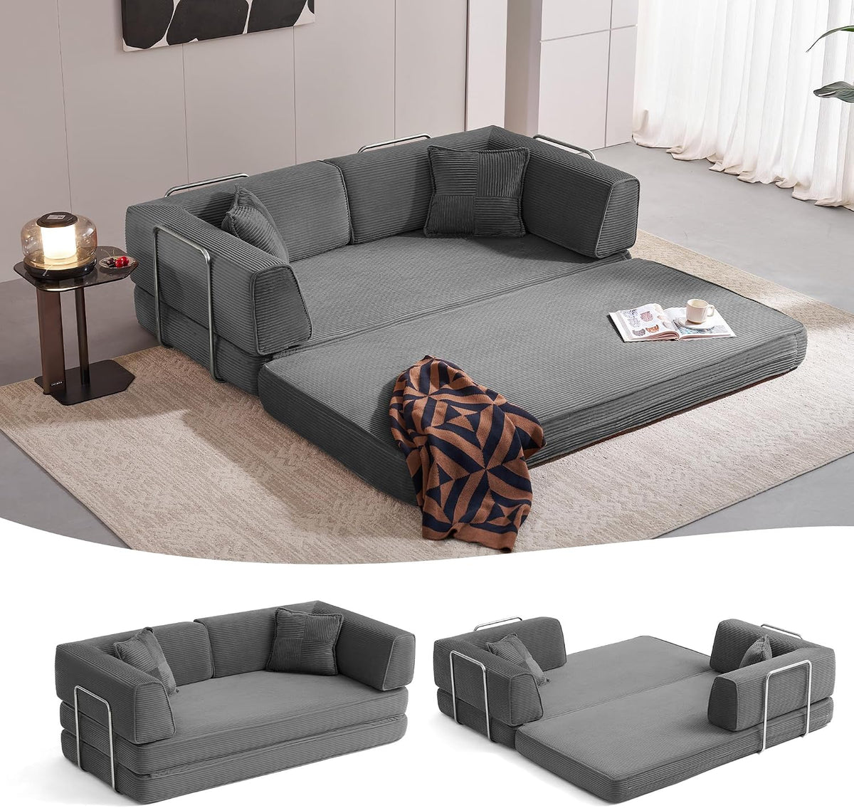 79" Convertible Futon Sofa Bed, Boneless Couch, Corduroy, Grey