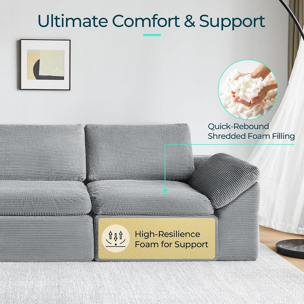 Modern Boneless Cloud Couch Set, Deep Seat Corduroy Secional Loveset Sofa Sets for Living Room, Apartment, Office, No Assembly Required, Grey