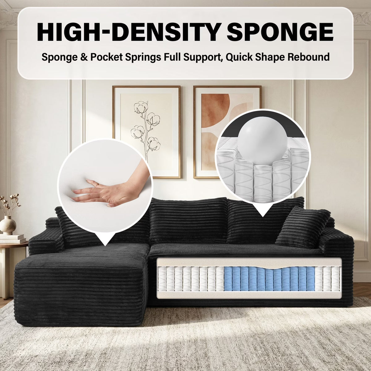 Aukfa 96" Boneless L-Shaped Sectional Sofa — Left-Facing Chaise