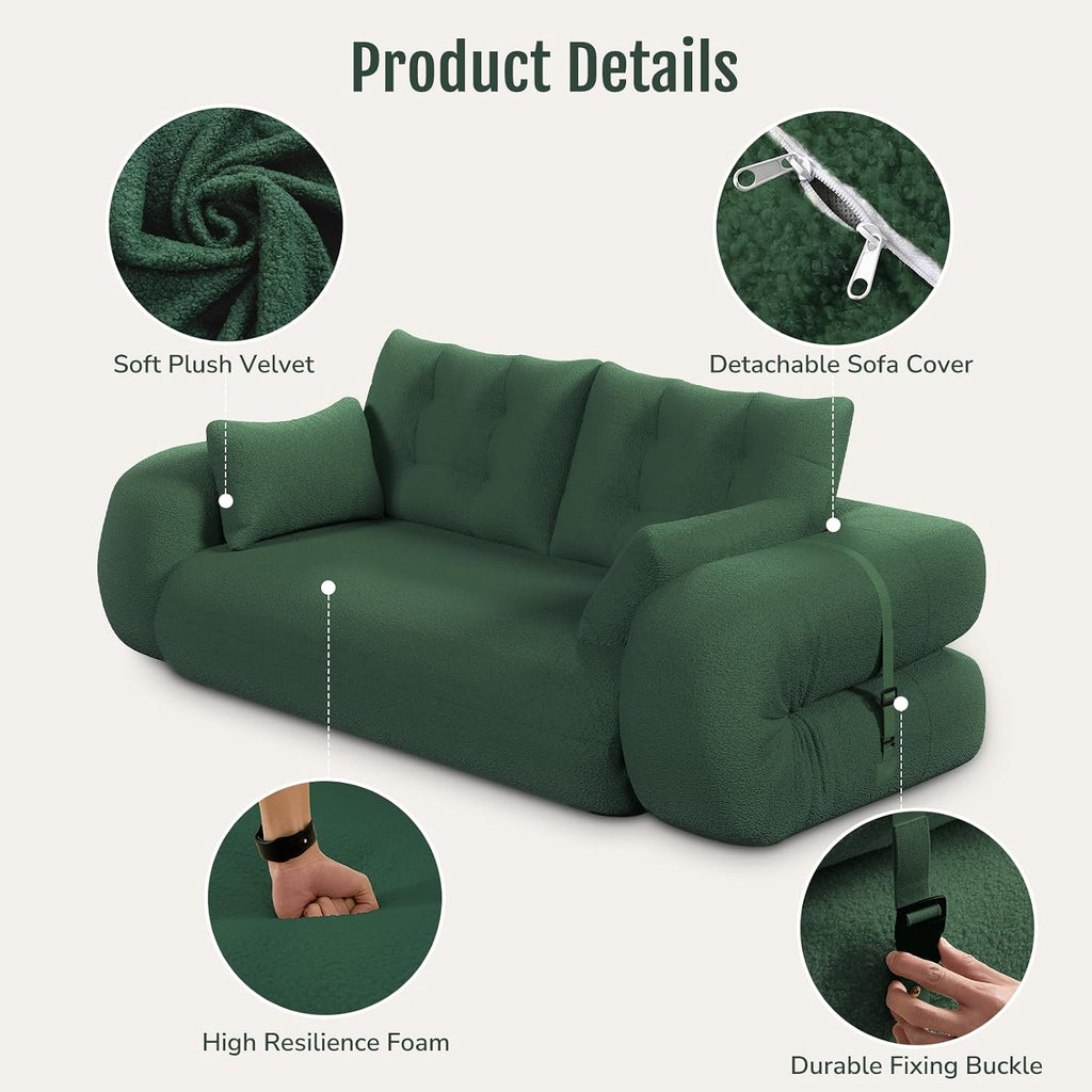 78.7 "Convertible Folding Sofa Bed, Human Dog Bed with 4 Pillows, Folding Floor Couch, Boneless Sofa in a Box for Living Room, Apartment, Guest Roomg (Green)
