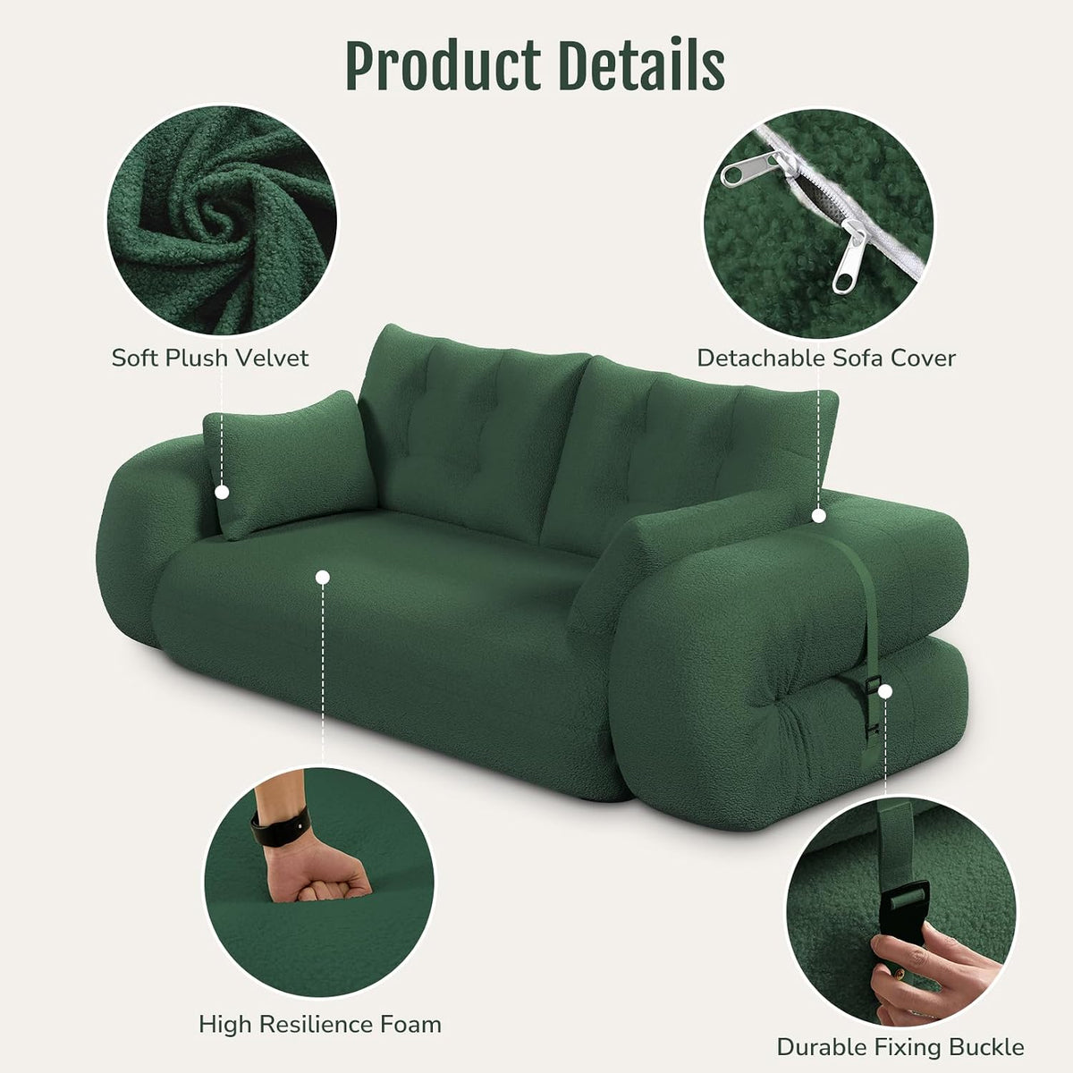 78.7 "Convertible Folding Sofa Bed, Human Dog Bed with 4 Pillows, Folding Floor Couch, Boneless Sofa in a Box for Living Room, Apartment, Guest Roomg (Green)