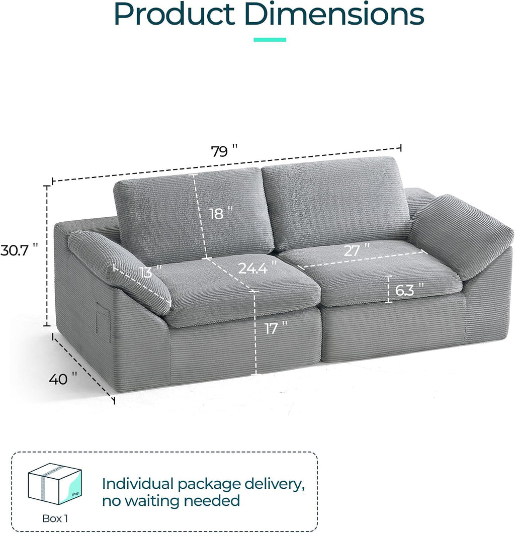 Modern Boneless Cloud Couch Set, Deep Seat Corduroy Secional Loveset Sofa Sets for Living Room, Apartment, Office, No Assembly Required, Grey