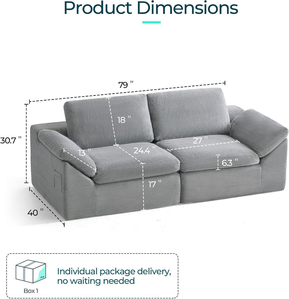 Modern Boneless Cloud Couch Set, Deep Seat Corduroy Secional Loveset Sofa Sets for Living Room, Apartment, Office, No Assembly Required, Grey