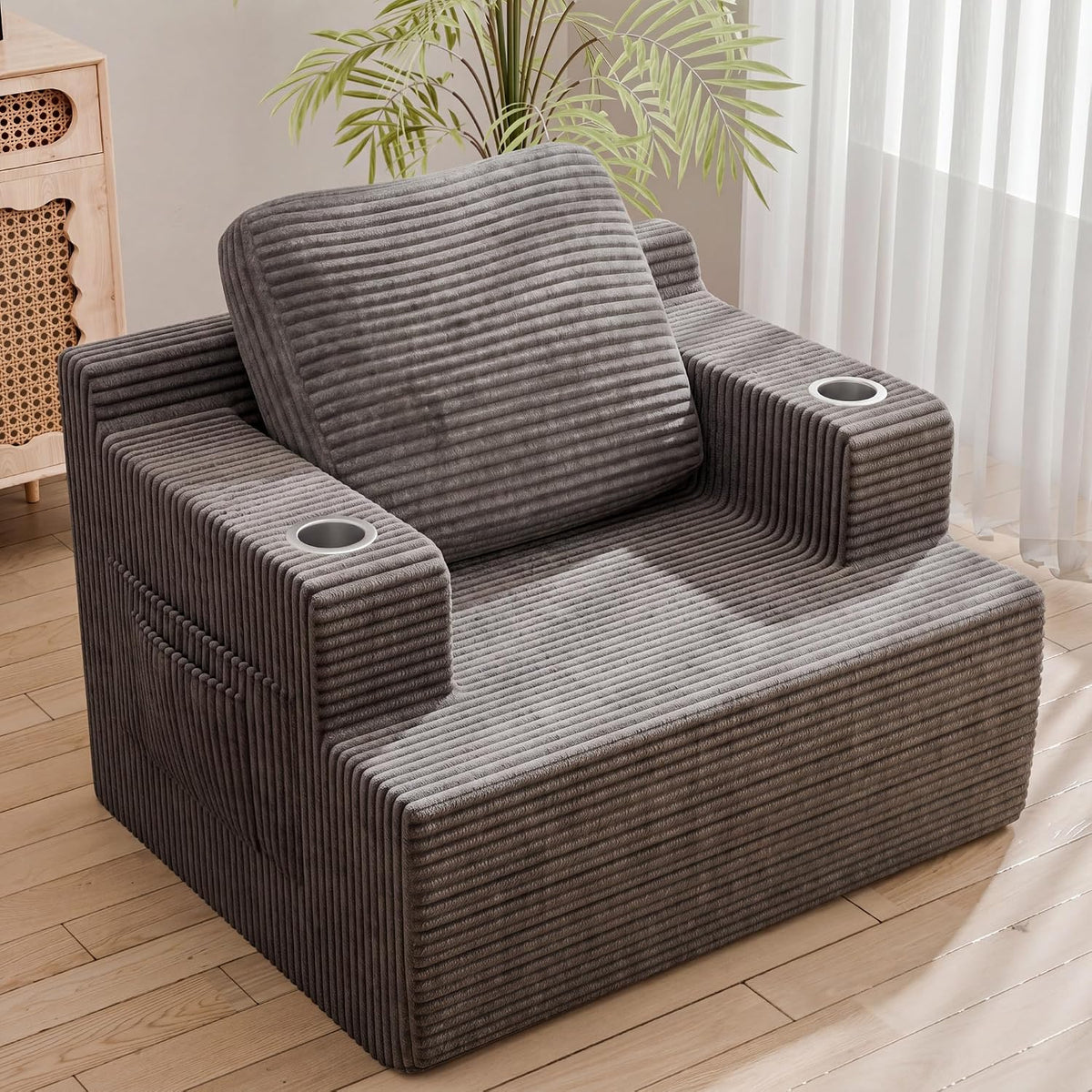 42” Single Sofa Foam Couch for Small Spaces Upholstered Floor Sofa with Cup Holder & Storage Pocket Boneless Couch for Bedroom Living Room (Grey, Single)