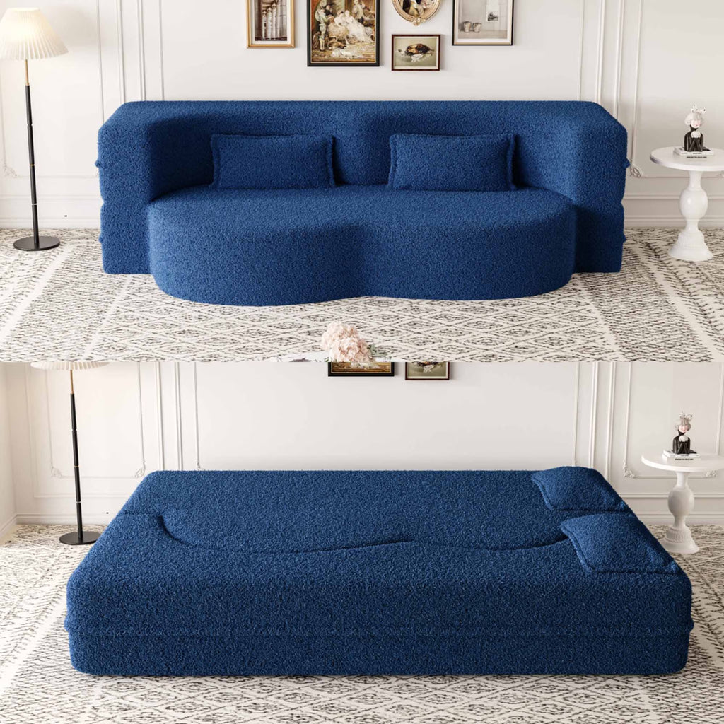 Full Size Boneless Couch Bed, 15" Convertible Folding Futon Sofa Bed with 2 Pillows, Teddy Fabric Foam Sleeper Couch, No Assembly, Blue