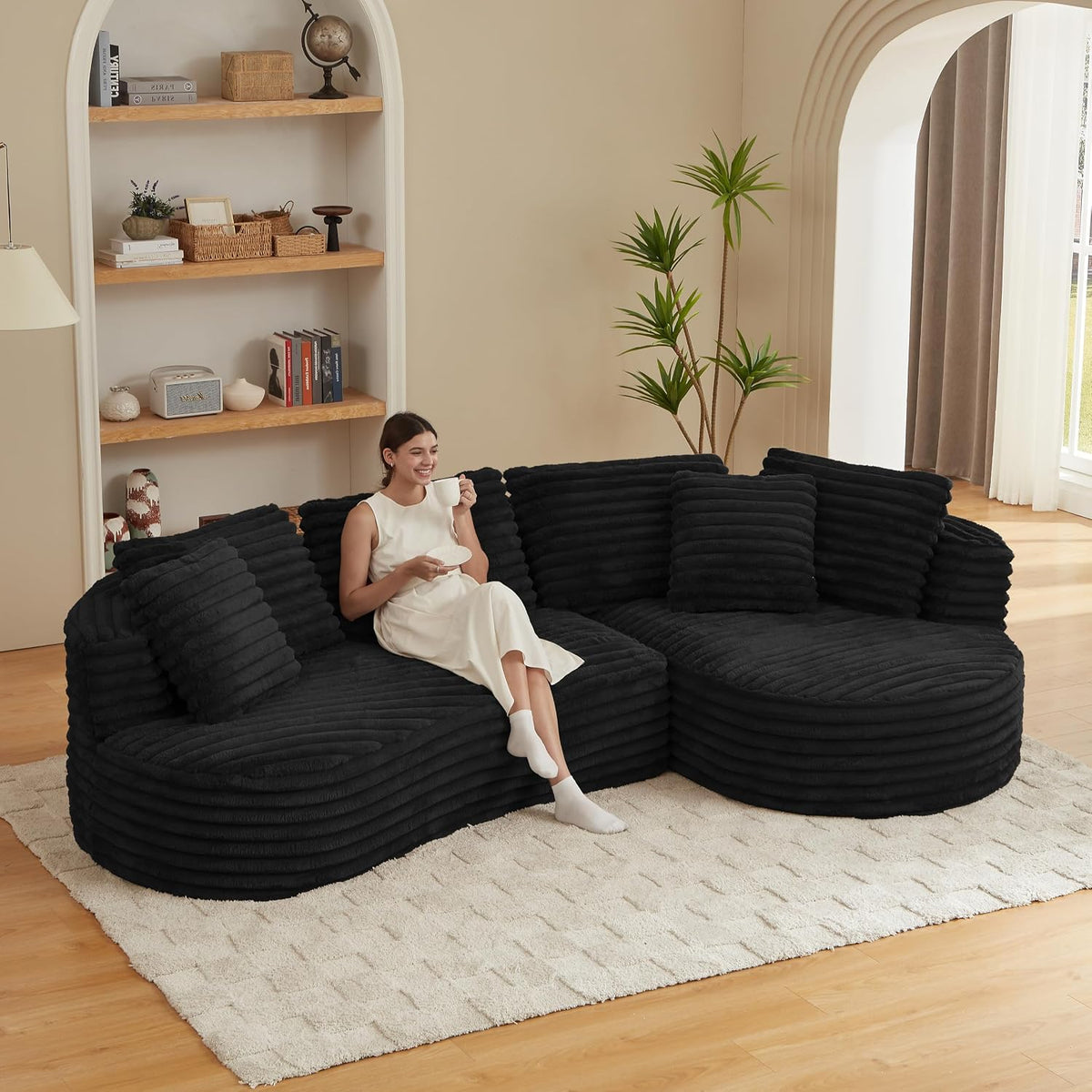 Crescent Curved L-Shaped Sectional 120.9", Right Chaise, 5-Seat, Black
