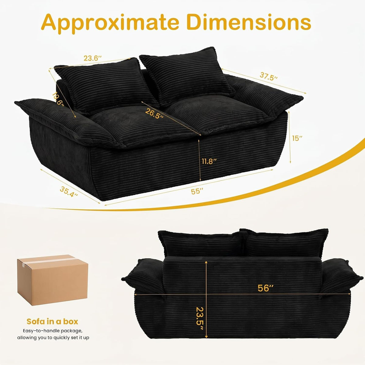 56" Boneless Loveseat, 2-Seater Black Boneless Sofa with Removable Cushions & 2 Pillows, Small Mini Couch Boneless Foam Sofa for Living Room, Apartments, & Office