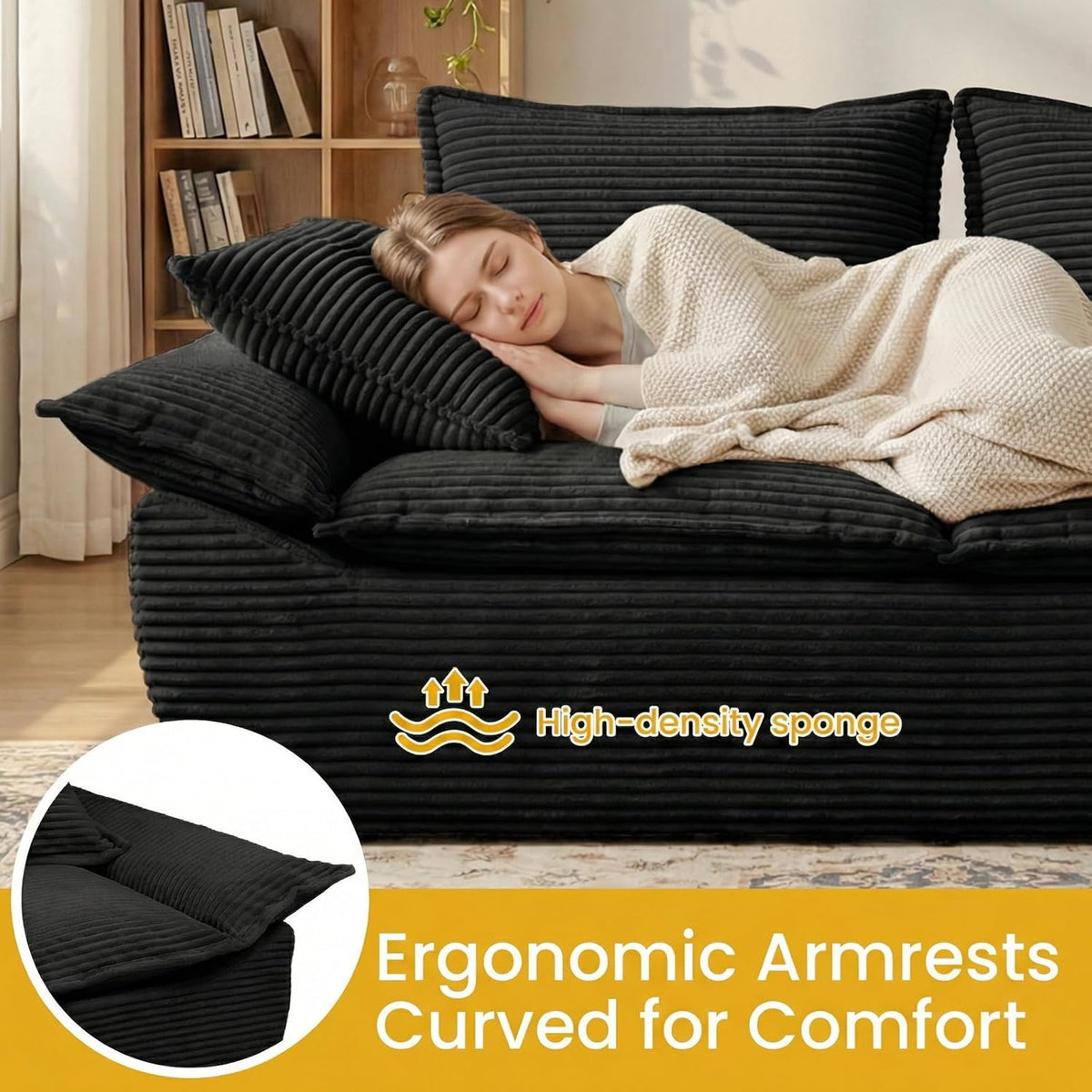 56" Boneless Loveseat, 2-Seater Black Boneless Sofa with Removable Cushions & 2 Pillows, Small Mini Couch Boneless Foam Sofa for Living Room, Apartments, & Office