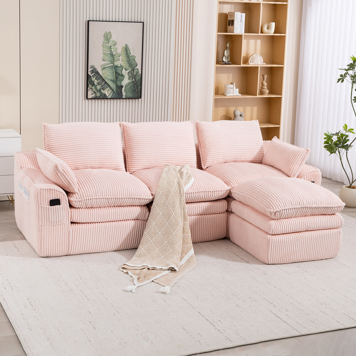 L-Shaped Sectional Sofa, 3-Seat, Ottoman, Pink