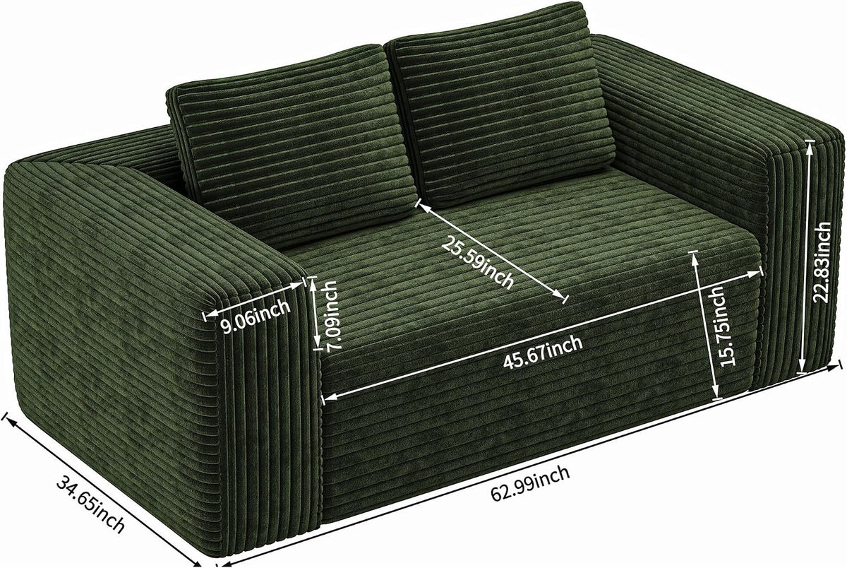 63" 2 Seater Boneless Sofa, Cloud Loveseat Sofa in a Box for Living Room, Corduroy Couch Memory Foam Couch No Assembly Needed Floor Sofa Lounge for Living Room Bedroom, Green