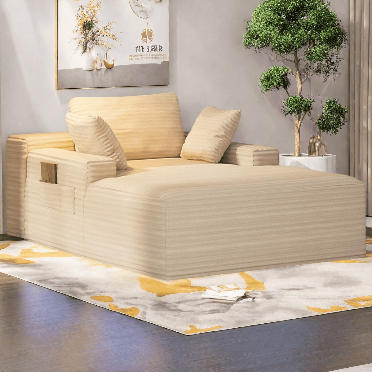 Oversized Chaise Lounge Indoor, 66"D Corduroy Upholstered Boneless Sofa Bed for Reading on Living Room & Bedroom, No Assembly Required (Beige)