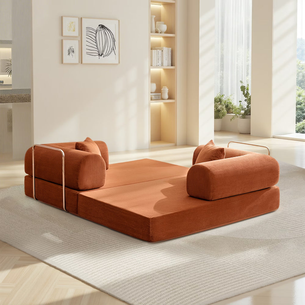 63" W Convertible Boneless Sofa Bed, Folding Corduroy Sofa Couch, No Assembly Floor Sleeper Sofa Couch for Living Room, Bedroom, Pumpkin Brown
